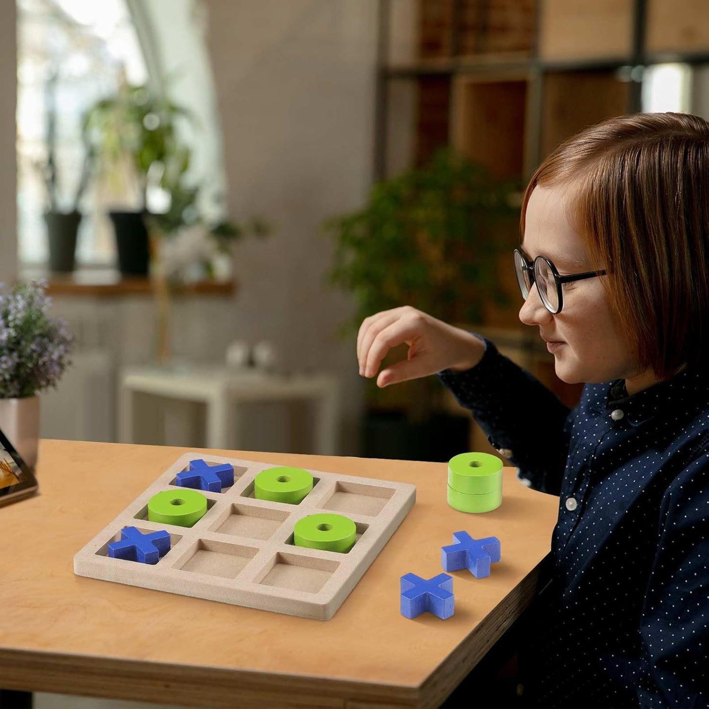 Wooden Tic Tac Toe Game Tic Tac Toe Board Game 7 Inch Wood Board Table Top Living Room Decor Fun Family for Family Night Indoor Outdoor Party Adults Classic Travel(Blue Green)