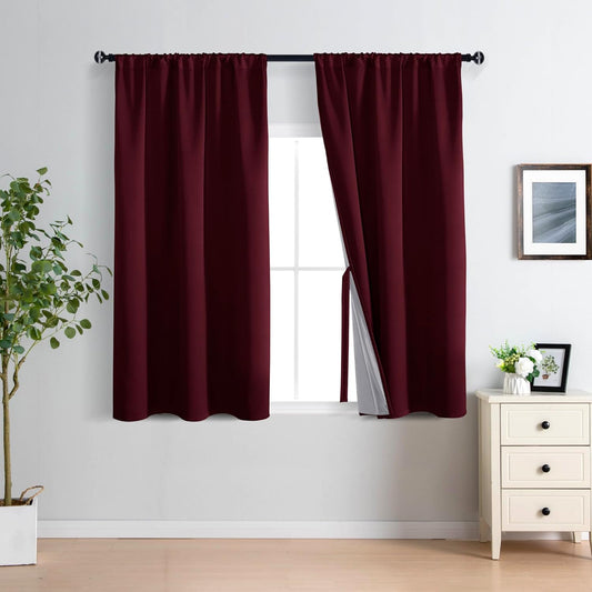 XWZO 100% Blackout Window Curtains- Rod Pocket Thermal Insulated & Noise Reduction Black Liner Window Treatment Sewn with Tiebacks for Bedroom/Living Room, Burgundy, W42 x L45, Set of 2