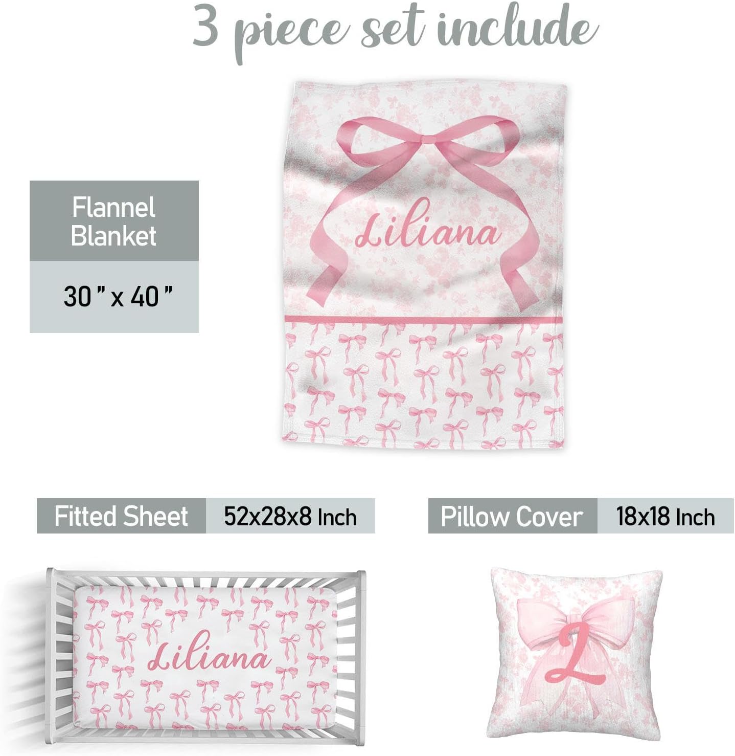 Personalized Baby Girl Crib Bedding Set – Custom Name Pink Bow 3-Piece Nursery Set with Soft Flannel Blanket, Fitted Sheet & Pillowcase – Infant & Toddler Bedding Gift
