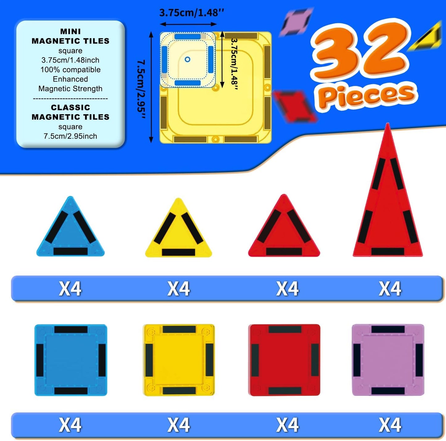 Mini Magnetic Tiles for Kids, Magnetic Building Set, Construction STEM Travel Toys for Boy Girl Ages 3+, Montessori Preschool Learning Educational Sensory Magnet Creative Toy Gift for Toddlers, 32 Pcs