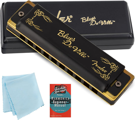 Fender Blues DeVille Harmonica - Key of D Bundle with Carrying Case, Austin Bazaar Online Manual, and Polishing Cloth