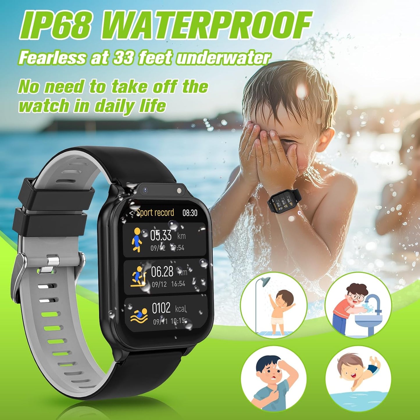 Smart Watch for Kids 1.85" with Fitness Tracker, Sleep Monitor, 22/100+ Sport Modes, DIY Dial, IP68 Waterproof, Step Counter, Heart Rate, Camera, with/Without APP, Gift for 3-12 Years Old Boys Girls