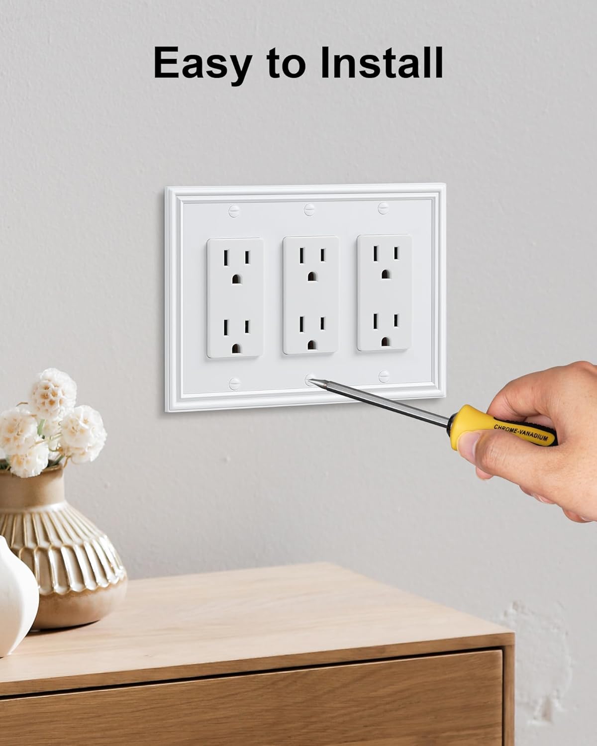 2-Pack Decorative Tripple Decorator Outlet Cover Plate, Durable Zinc Alloy Pure White Wall Plates for Electrical Outlets, Receptacle, GFCI Outlet, Dimmer Switch, 3-Gang, Corrosion Resistant