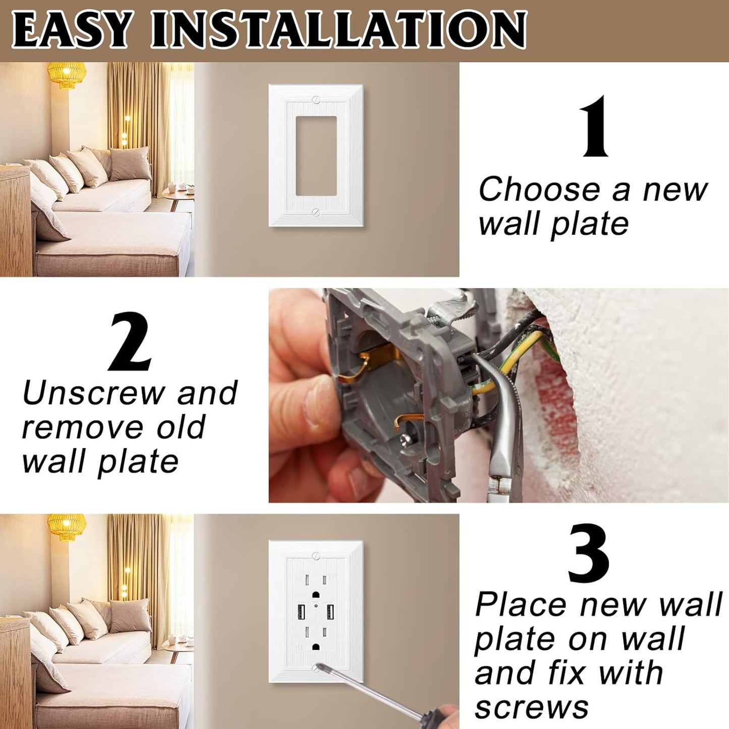 Modern Decorative Wall Plate Switch Plate Outlet Cover, Vintage Retro Wood Grain Design(Single Decorator-4 Pack, White)