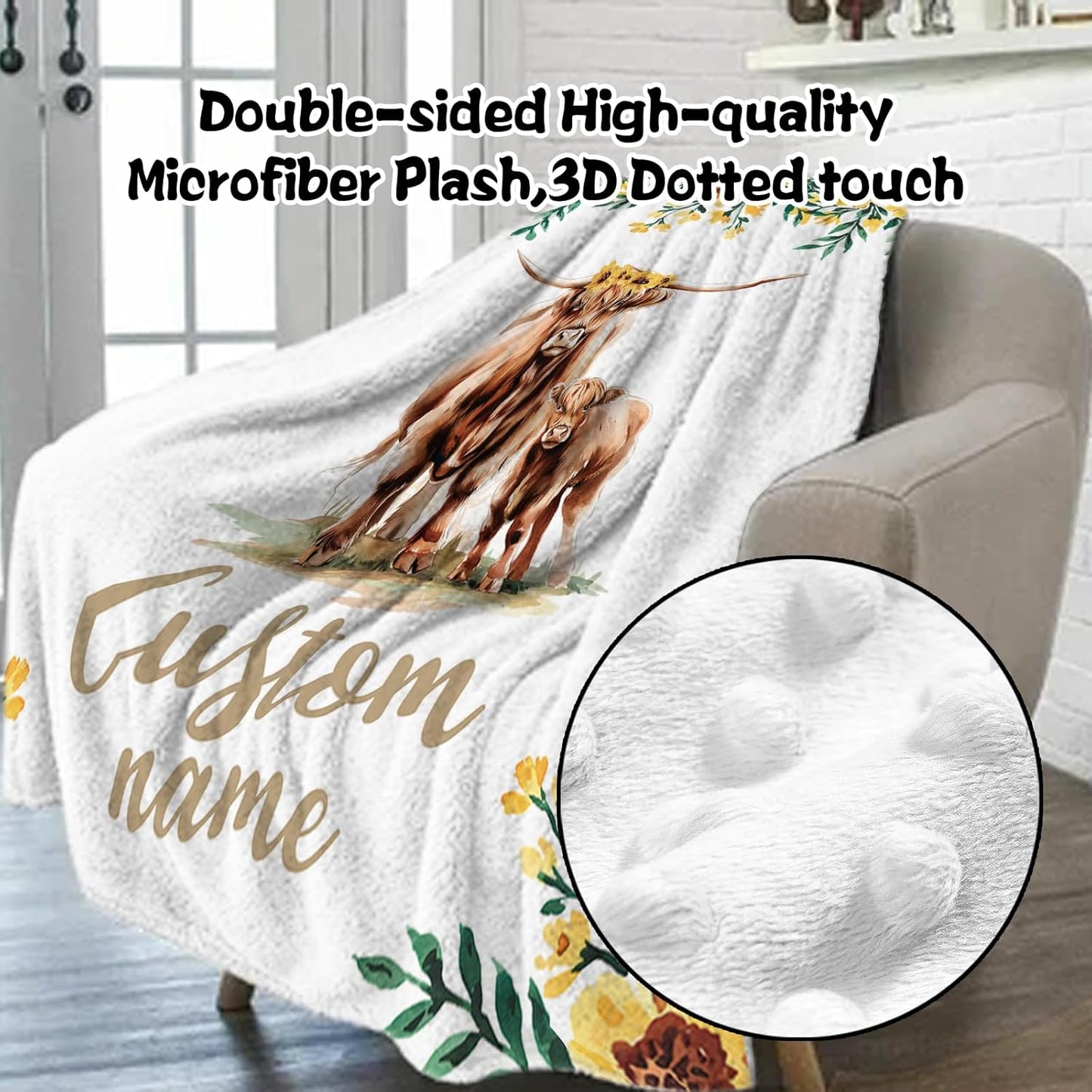 Custom Nursery Crib Bedding Set: Personalized Name 4 Piece Yellow Highland Cattle Design Baby Crib Sets for Girls - Toddler Double Layer Blanket Set, Comfortable Crib Bed Sheets for Baby Toddlers