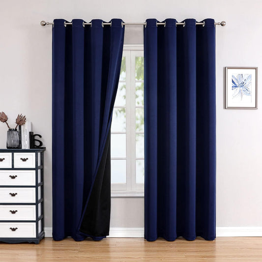 ChrisDowa 100% Blackout Curtains 90 inch Long for Bedroom with Black Liner, 2 Thick Layers Total Blackout Thermal Insulated Grommet Long Window Curtains 2 Panels Set (Navy Blue, 52 x 90 Inch)
