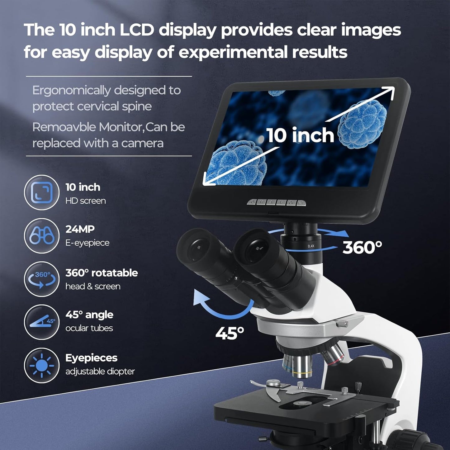[Infinity-Corrected] Trinocular Compound Microscope with 10" 24MP Monitor, 40-1000X Magnification, Infinity Achromatic Objectives FL10X Eyepieces,Large Mechanical Stage, One-click taking photo & video