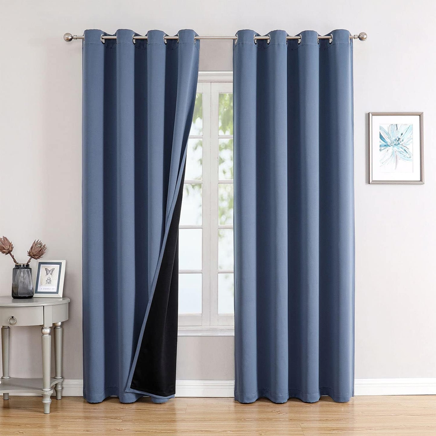ChrisDowa 100% Blackout Curtains for Bedroom with Black Liner, 2 Thick Layers Total Blackout Thermal Insulated Grommet Window Curtains 2 Panels Set (Stone Blue, 52 x 84 Inch)