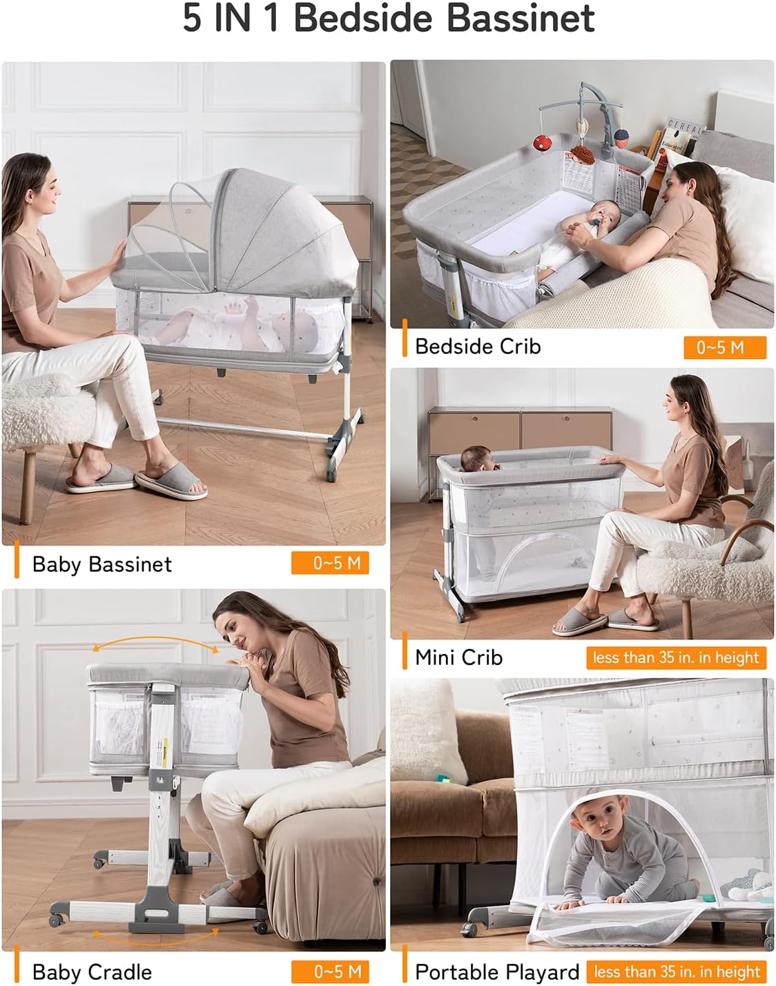 besrey 5 in 1 Baby Bassinet Bedside Sleeper, Playpen with Bassinet & Baby Cradle, Adjustable Bedside Crib for Newborn Infant with Mobile Toy Hanger, Hanging Diaper Bag, Mosquito Net, Mattress