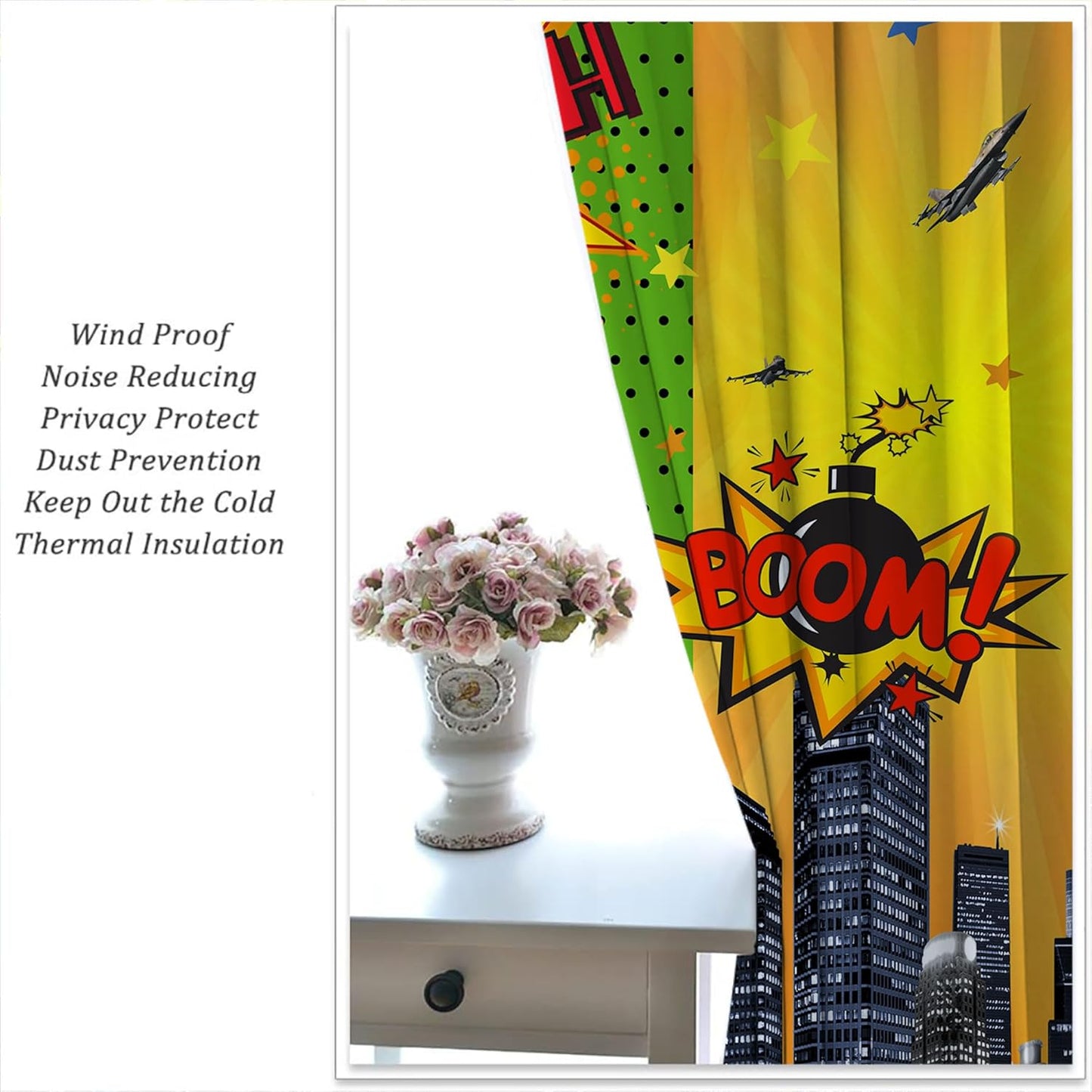 Superhero Rod Pocket Blackout Curtains for Boy Girl Bedroom, City War Explosion Comics Art Thermal Insulated Home Window Drapes for Living Room Darkening, 42x45 inch