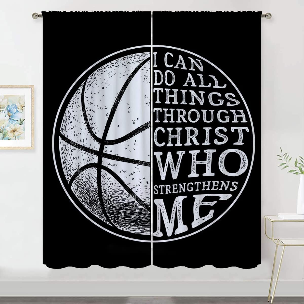 Basketball Blackout Curtains for Boy Girl Room Darkening Decor,Sport Theme and White Motto Dark Background Bedroom Living Room Home Rod Pocket Thermal Insulated Window Curtain/Drapes Panel,42x45 Inch…