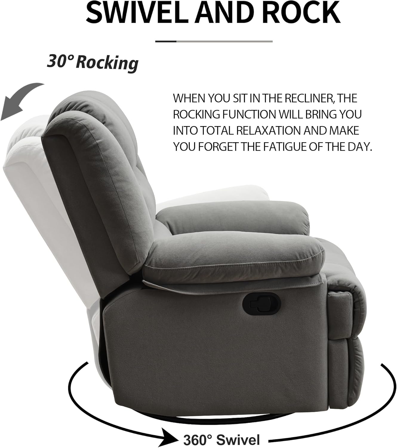 Swivel Rocking Recliner Chair for Adults, Overstuffed Manual Glider Rocker Recliner Chairs, Upholstered Reclining Single Sofa for Living Room Nursery (Grey)
