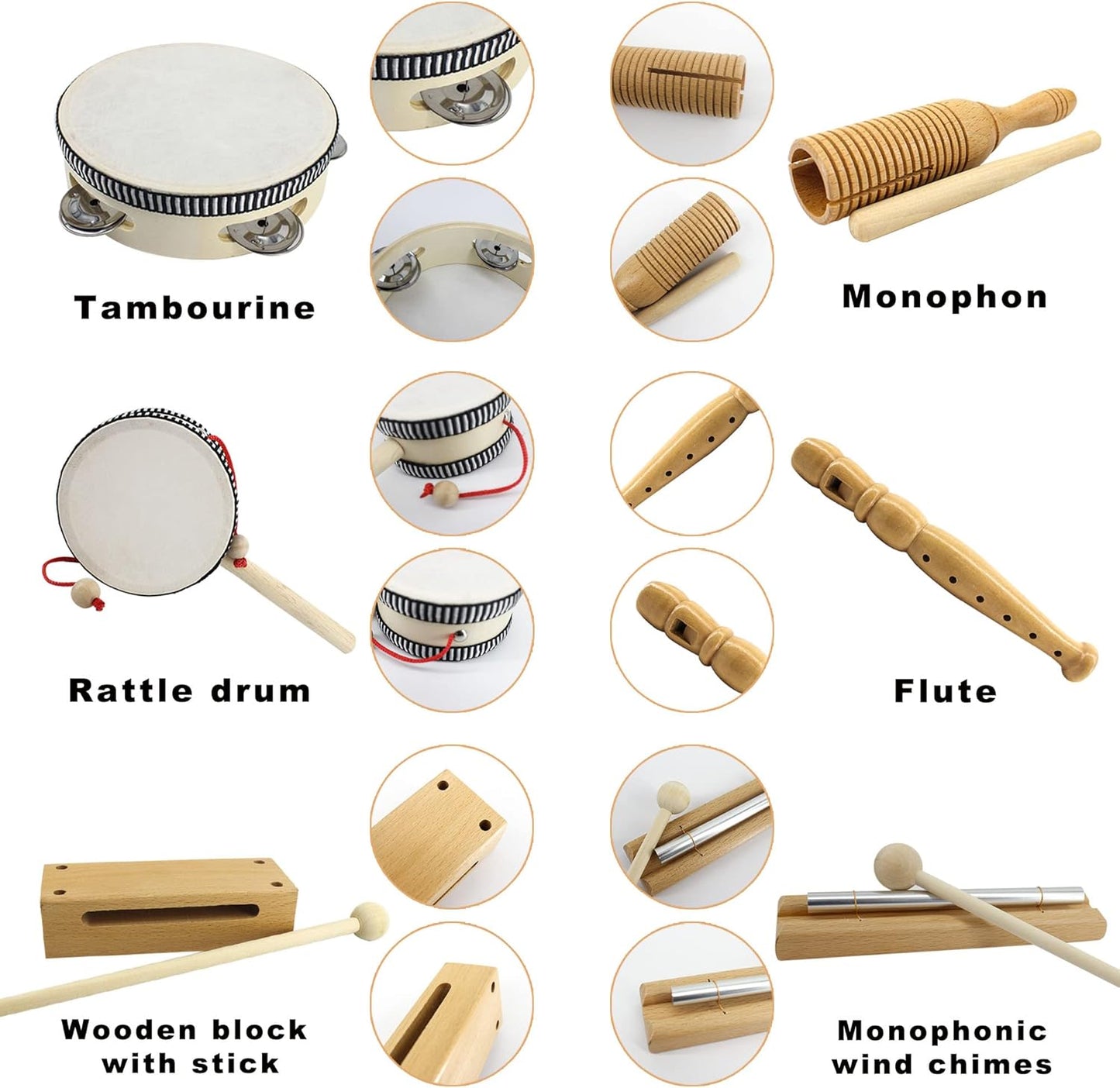 VINJOE Wooden Music Set–Kids Musical Instruments Toys, Natural Wood Percussion Instruments Toy for Kids Preschool Education Baby Musical Toys Instrument Set for Toddlers Best Gifts for Christmas