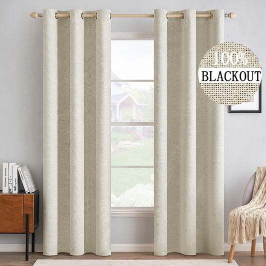 MIULEE 100% Blackout Linen Textured Curtains for Bedroom Solid Thermal Insulated Cream Grommet Room Darkening Curtains & Drapes Luxury Decor for Living Room Nursery 42 x 90 Inch (2 Panels)
