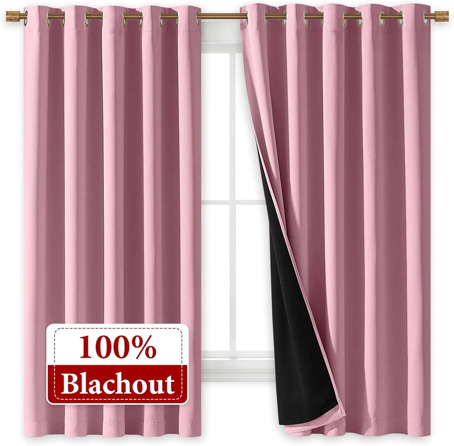NICETOWN 100% Blackout Curtains with Black Liners, Thermal Insulated Full Blackout 2-Layer Lined Drapes, Energy Efficiency Window Draperies for Bedroom (Crystal Pink, 2 Panels, 70-inch W by 63-inch L)