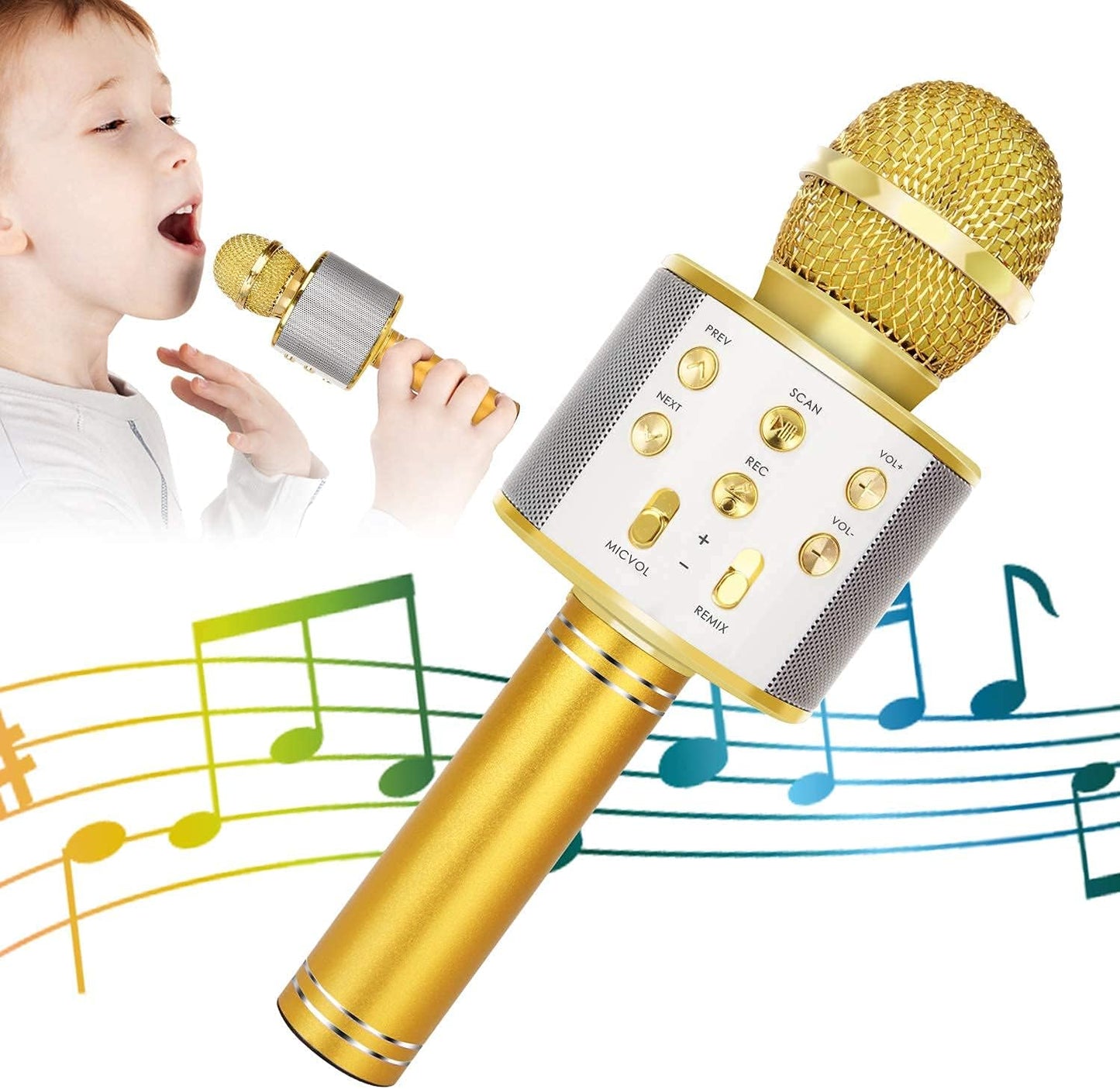 KIDWILL Wireless Bluetooth Karaoke Microphone for Kids, 5-in-1 Portable Handheld Karaoke Mic Speaker Player Recorder with Adjustable Remix FM Radio for Kids Girls Boys Teens Birthday (Gold)