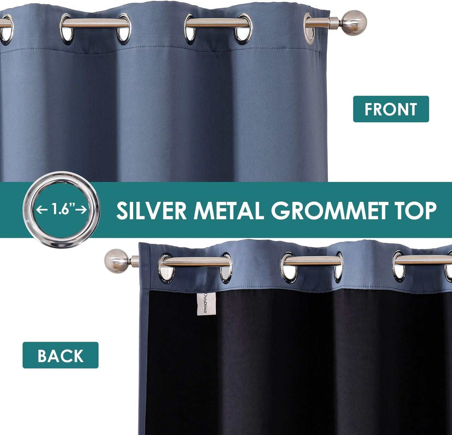 ChrisDowa 100% Blackout Curtains 63 inch Long for Bedroom with Black Liner, Extra Wide 2 Thick Layers Total Blackout Thermal Insulated Grommet Window Curtains 2 Panels Set (Stone Blue, 60 x 63 Inch)