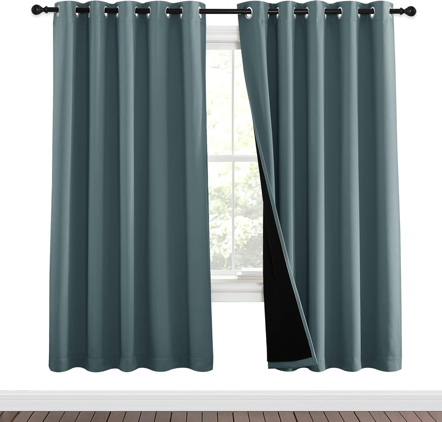 NICETOWN 100% Blackout Window Curtain Panels, Cold and Full Light Blocking Drapes with Black Liner for Nursery, 84 inches Drop Thermal Insulated Draperies (Aqua, 2 Pieces, 62 inches Wide Each Panel)