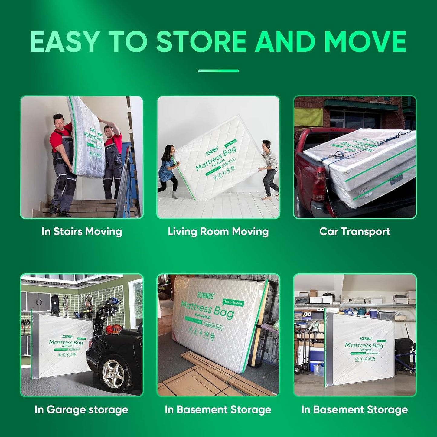 ZCHENBS® – Mattress Bags for Moving and Storage,Mattress Bag with Zippers,5 Mil Ultra-Thick Bed Bag,Waterproof,Anti-Tear,Heavy-Duty Mattress bag (Tansparent/Green, Full/Full XL-(1 Pack))