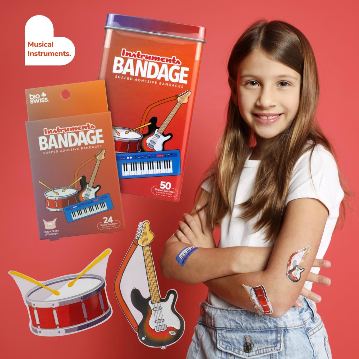 BioSwiss Bandages, Musical Instruments Shaped Self Adhesive Bandage, Latex Free Sterile Wound Care, Fun First Aid Kit Supplies for Kids and Adults, 24 Count