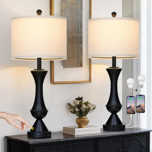 29" Black Tall Table Lamps for Living Room, Touch Control Bedroom Lamp with USB A+C Ports, 3-Way Dimmable Bedside Table Lamps Set of 2, Modern Metal Lamp for Nightstand