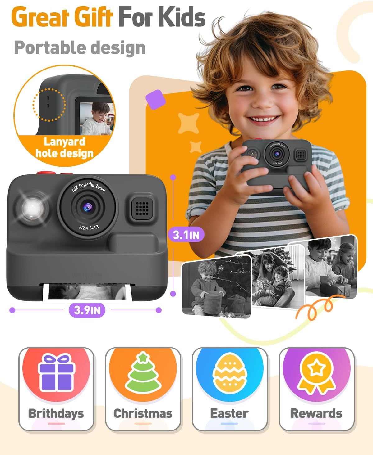 Kids Camera Instant Print, Christmas Birthday Gifts for 3-12 Year Old Boys Girls, 2.4in Screen 1080P Kids Digital Camera Toys for Kids Age 3 4 5 6 7 8 9 10 with 3 Rolls Print Paper 32G Card
