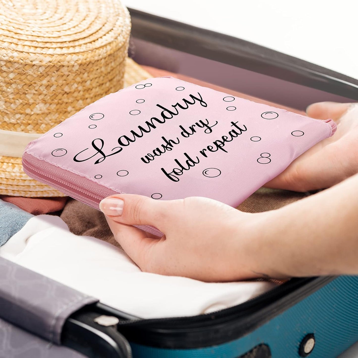 2 Pcs Travel Laundry Bag Washable Dirty Clothes Bag with Drawstring and Zipper for Suitcase, 22 x 18 Inch (Pink, Gray,Bubble)