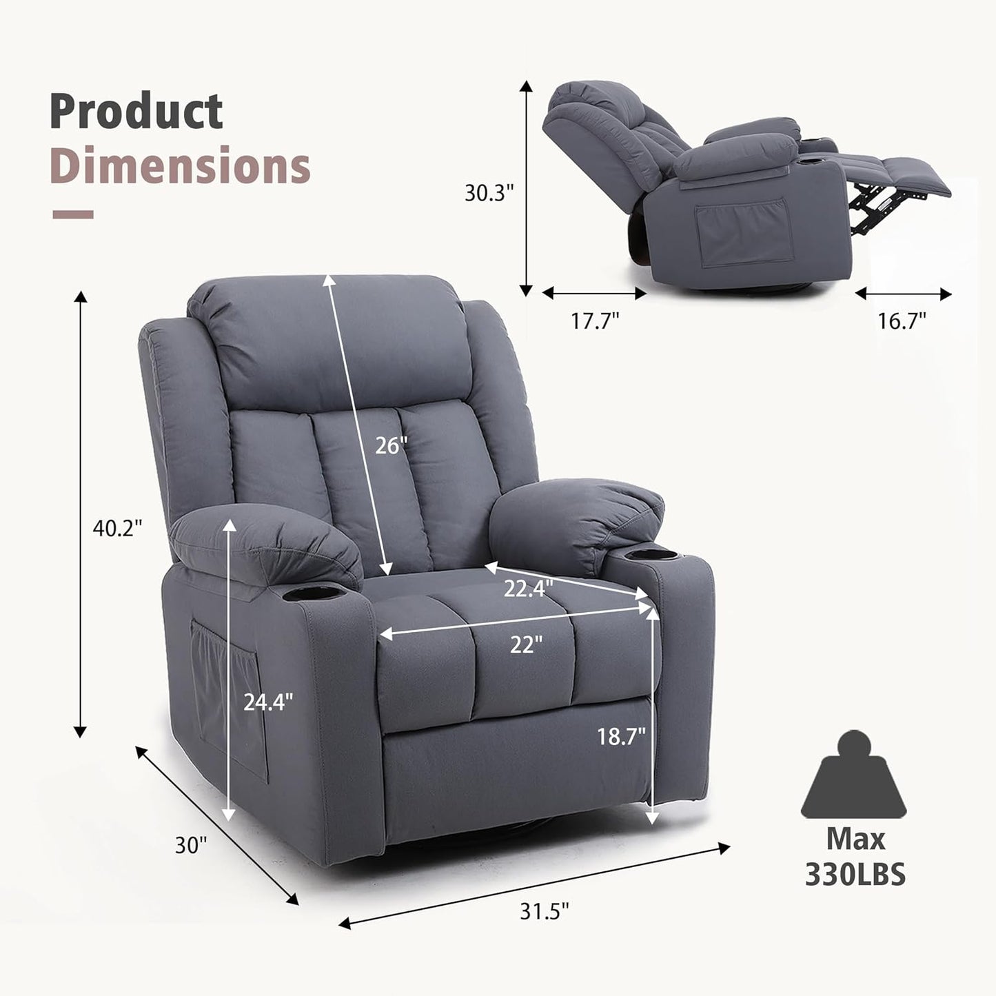 Rocker Swivel Recliner Chair for Adults, Overstuffed Large Manual Recliner Glider with Massage and Heat, Comfy Soft Fabric Living Room Reclining Sofa Chair(Technical Grey)