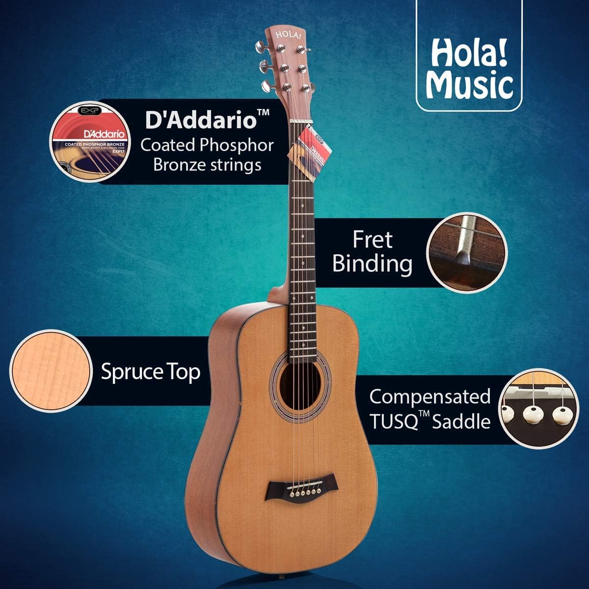Hola! Music 3/4 Size Acoustic Guitar Bundle for Beginners, 6 String Beginner Solid Spruce Top Acoustic Guitar With Rosewood FIngerboard, 36 inch, Natural