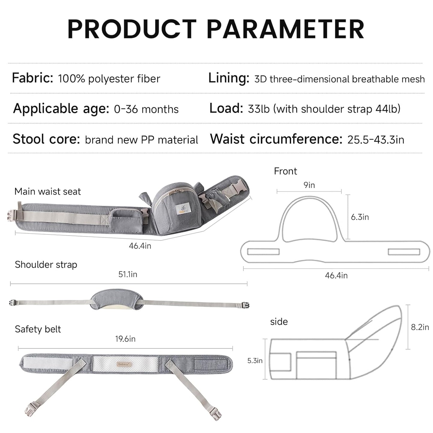 Baby Carrier with Hip Seat Adjustable Strap Huge Storage 4-in-1Toddler Carrier Enhanced Lumbar Support Ergonomic Baby Hip Carrier for Newborns & Toddlers Gray