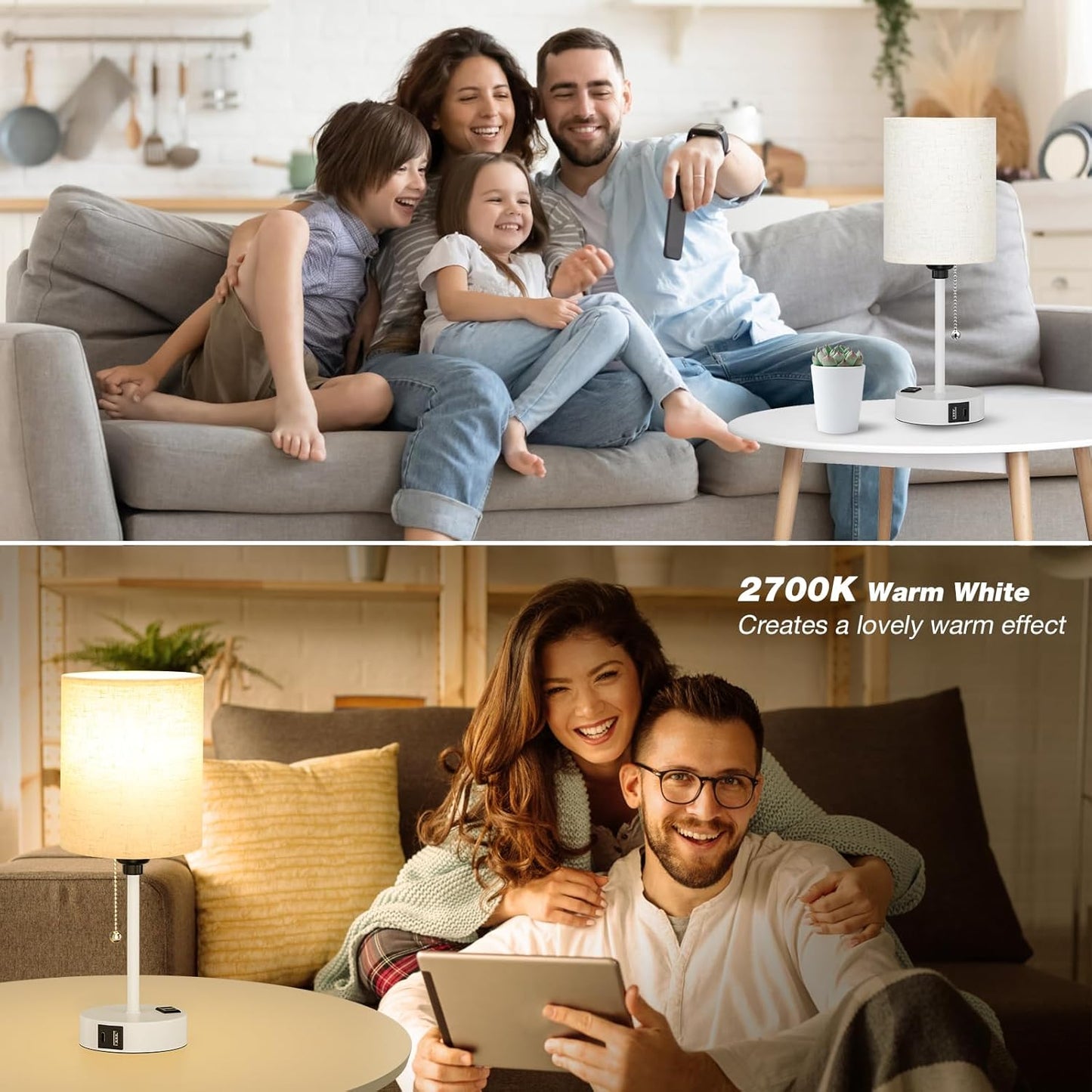 Small Bedside Lamp for Bedroom Nightstand - 2700K 3500K 5000K Bedside Lamps with USB C and A Ports, Pull Chain Table Lamps with AC Outlet, Nightstand Lamps with White Metal Base for Kids Reading