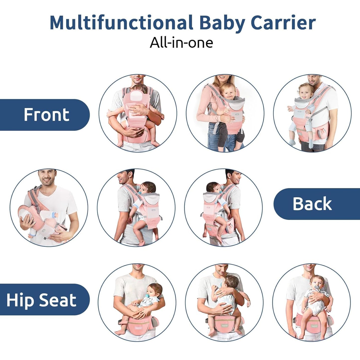 Baby Carrier with Hip Seat, Ergonomic M Position 6in1 Baby Carrier Newborn to Toddler,Head Support and Breathable Mesh Newborn Carrier,Adjustable Baby Holder Carrier for Dad&Mom-Pink