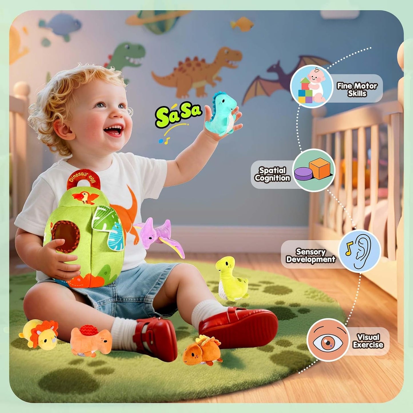 FREYBLI Baby Toys 6-12 Months - Soft Dinosaur Toy with Rattle, Crinkle Paper, Squeaker, Mirror - Baby Sensory Toys for 6 Month Old Developmental, Baby Montessori Toys for 1 Year Old Boy Girl Gifts