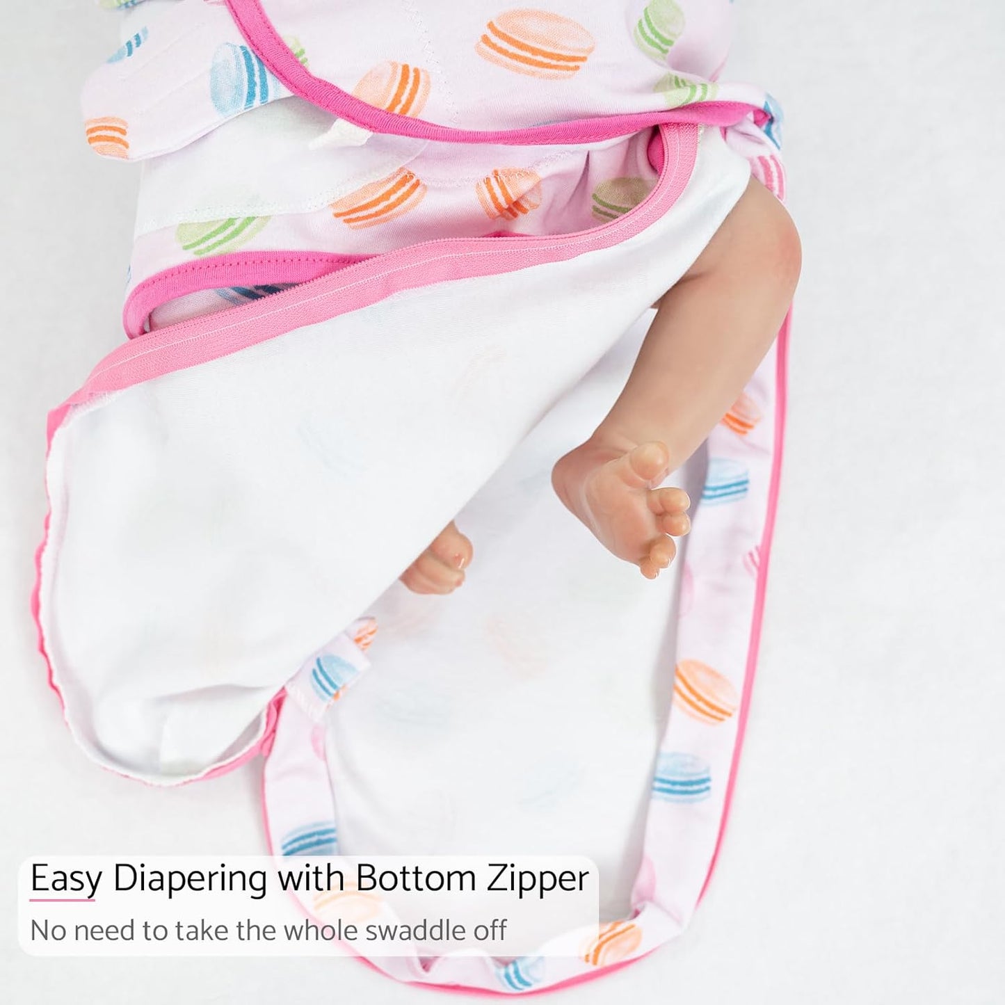 LollyBanks Baby Swaddles 100% Organic Cotton, 0-3 Months Baby Girl Swaddles with Easy Change Zipper, Swaddle Sack for Newborn Girls (Macarons Print)