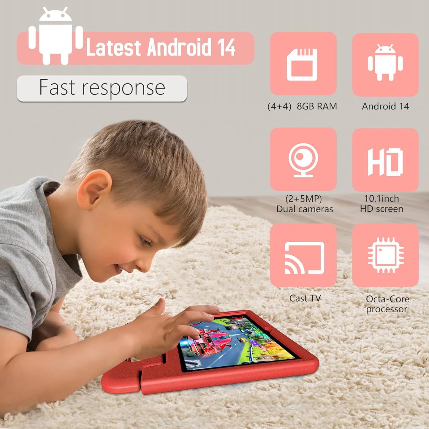 Tablet for Kids Age 3-12 10.1 inch Android 14 6000mAh 8GB RAM+64GB ROM(Expandable to 1TB Kids Tablet WiFi6 Google Kids Space Parental Control 1280 * 800 HD Screen - Red