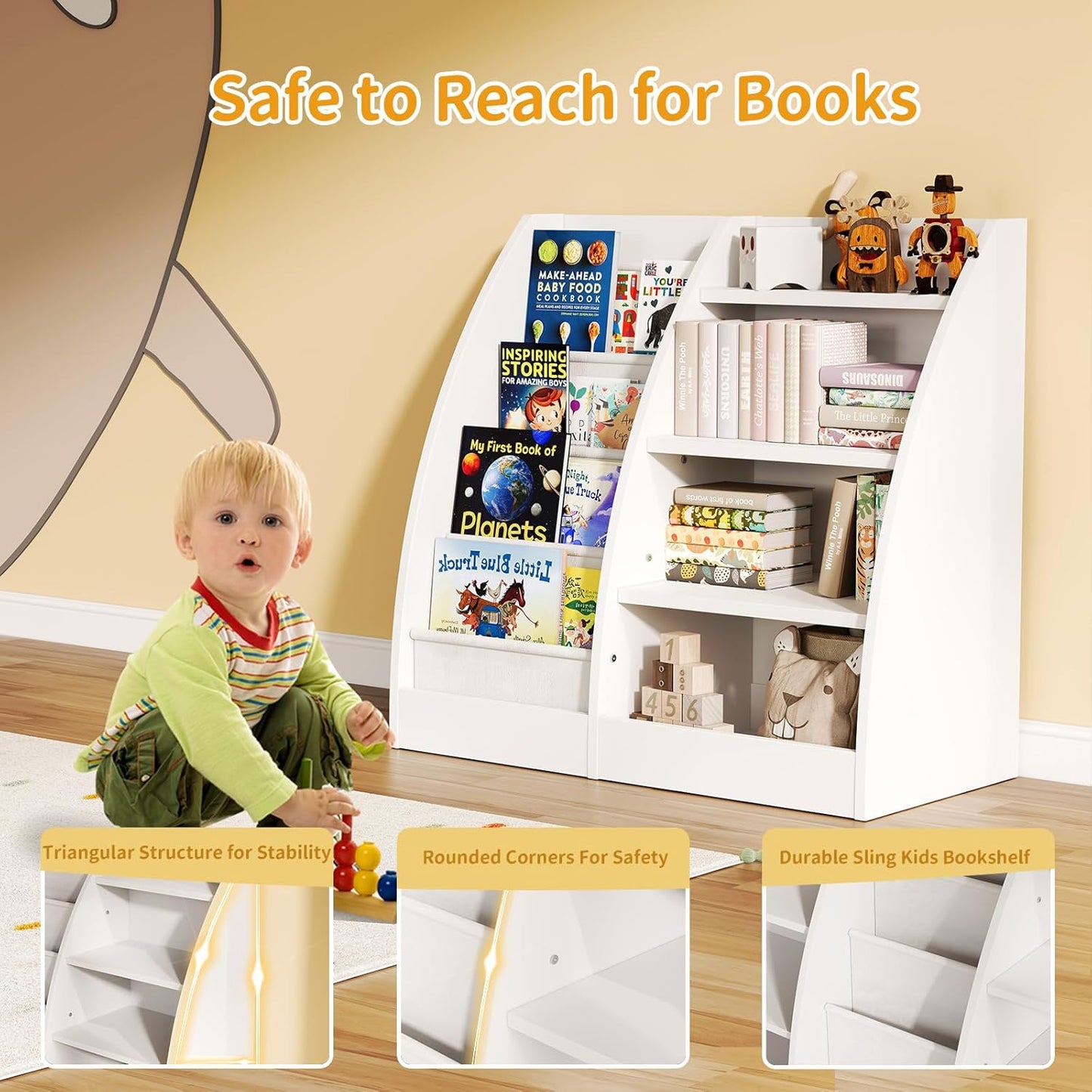 4 Tier Kids Bookshelf, 4 Layer Sling Kids Book Shelf for Kids Rooms,Wood Children Bookcase,Baby Storage Book Rack,Toddler Bookshelf, Book and Toy Organizer,Book Display Shelf for Bedroom, Nursery