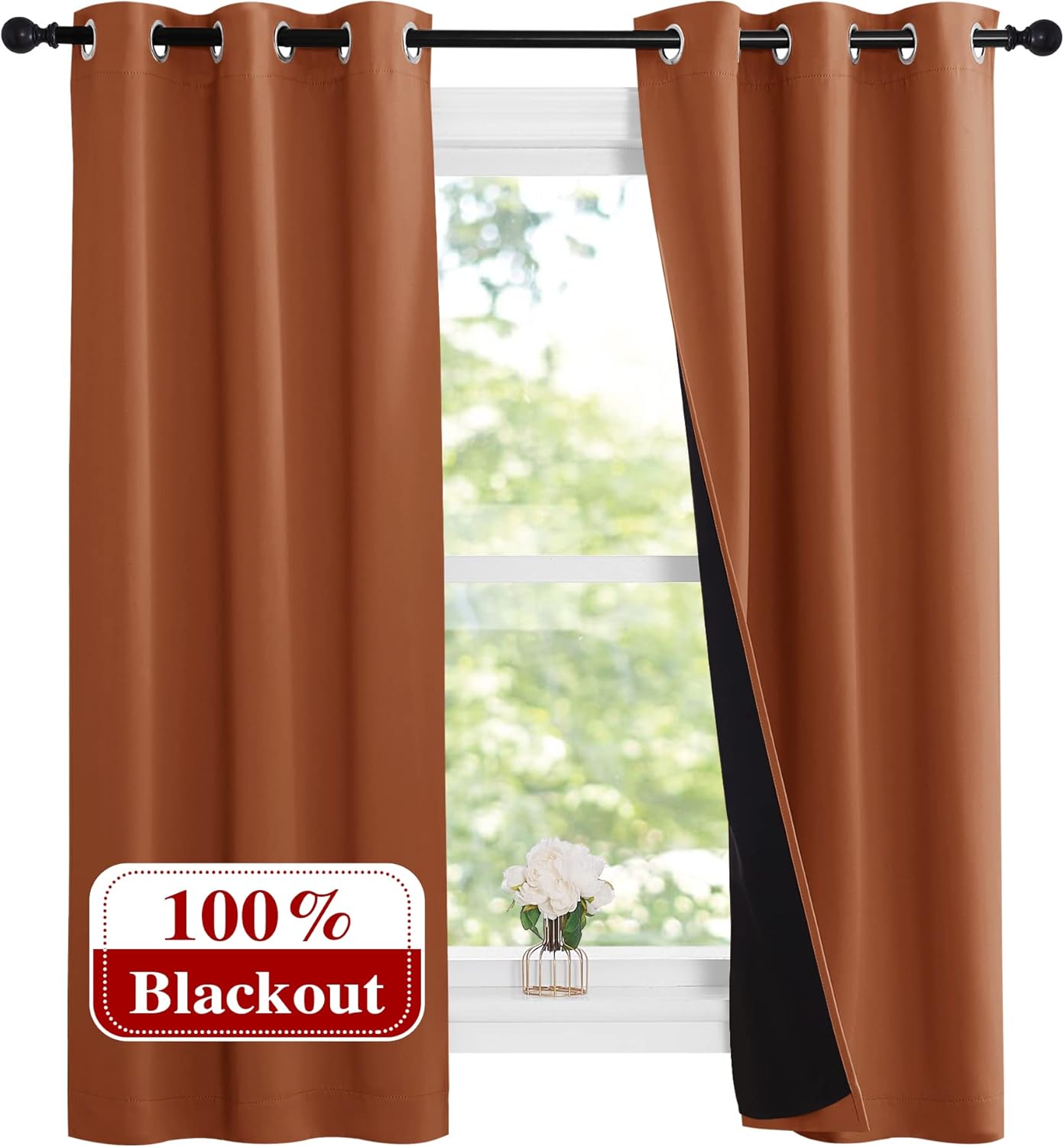 NICETOWN Burnt Orange 100% Blackout Lined Curtains, 2 Thick Layers Narrow Wide Window Treatment Panels Thermal Insulated Drapes for Kitchen Small Window (1 Pair, 37" Width x 63" Length Each Panel)