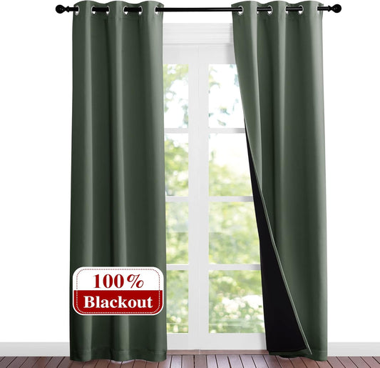 NICETOWN Dark Mallard Blackout Curtains 84 inches Long, Full Light Blocking Drapes with Black Liner for Nursery, Noise Reducing Thermal Insulated Draperies for Doorway (2 Pieces, 37" Wide Each Panel)
