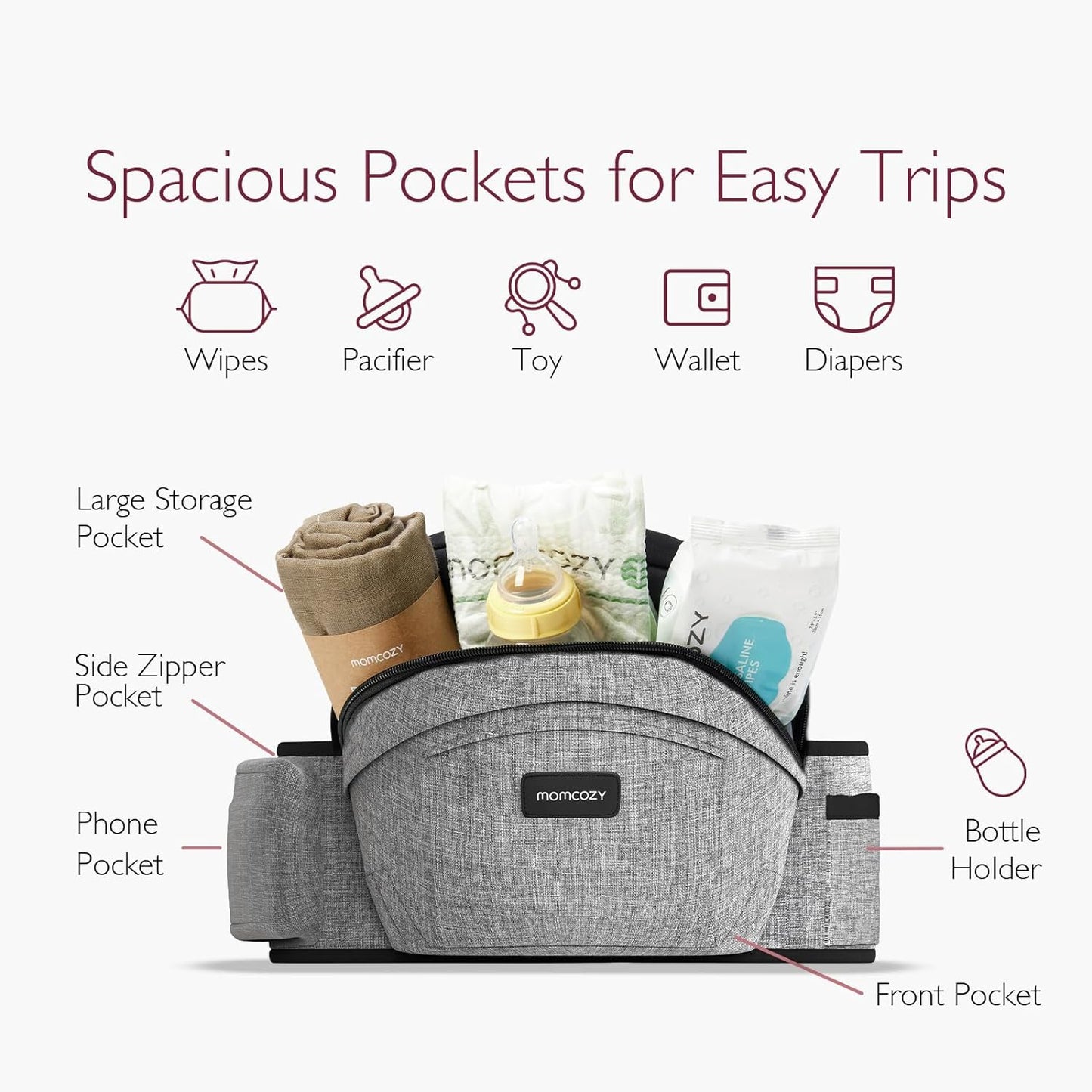 Momcozy Hip Seat Baby Carrier - Adjustable Waistband with Original 3D Belly Protector, Ergonomic Carrier with Various Pockets for Toddlers up to 45lbs (Grey, Medium 27-45IN)