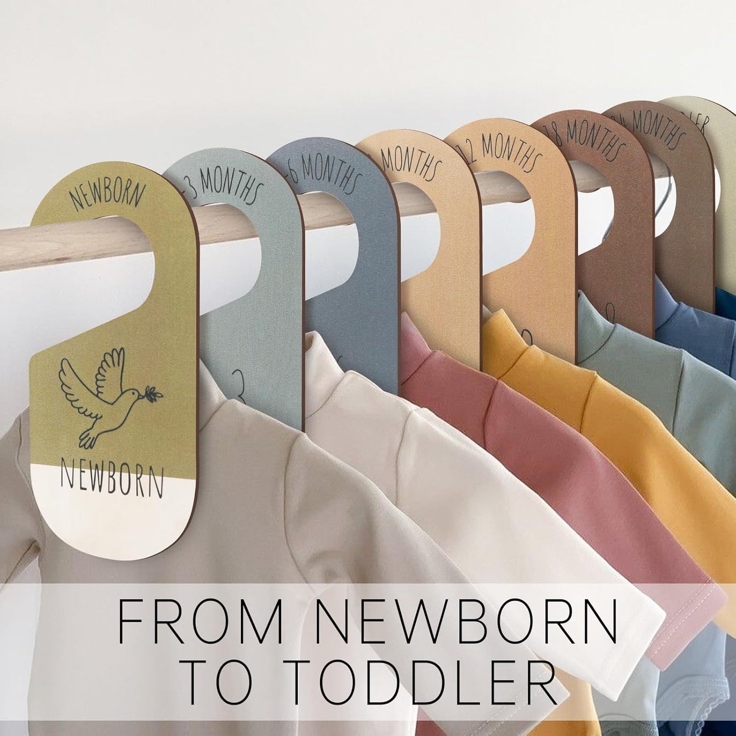 Baby Closet Dividers for Clothes Organizer - Set of 8 Wooden Double-Sided Baby Clothes Size Dividers form Newborn to Toddler for Daily Gender-Neutral Baby Nursery Decor