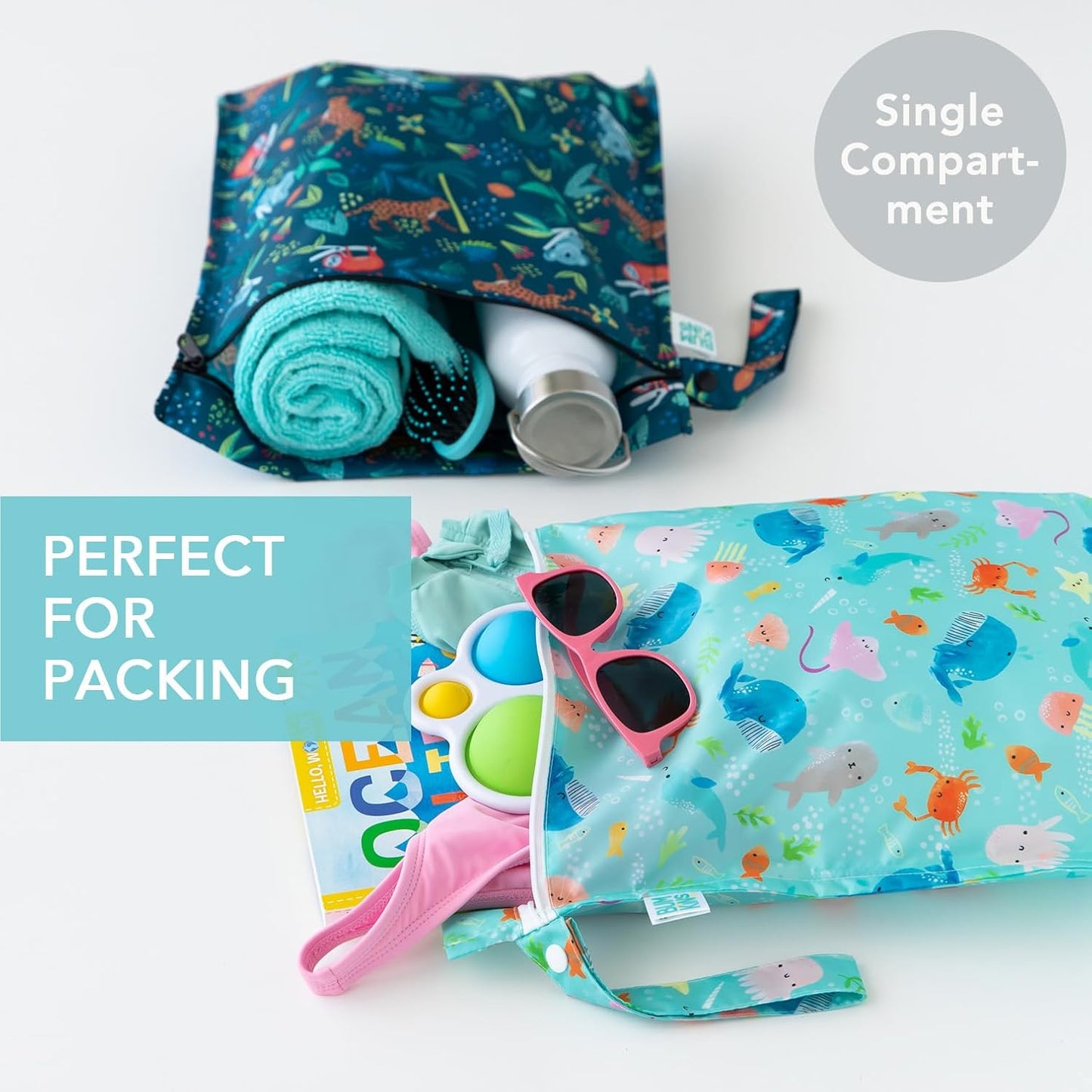 Bumkins - Waterproof Wet Bag - For Baby, Travel, Swim Suit, Cloth Diapers, Pump Parts, Pool, Gym, Toiletry, Strap to Stroller - Reusable & Easy to Clean - 2pk - Ocean & Jungle