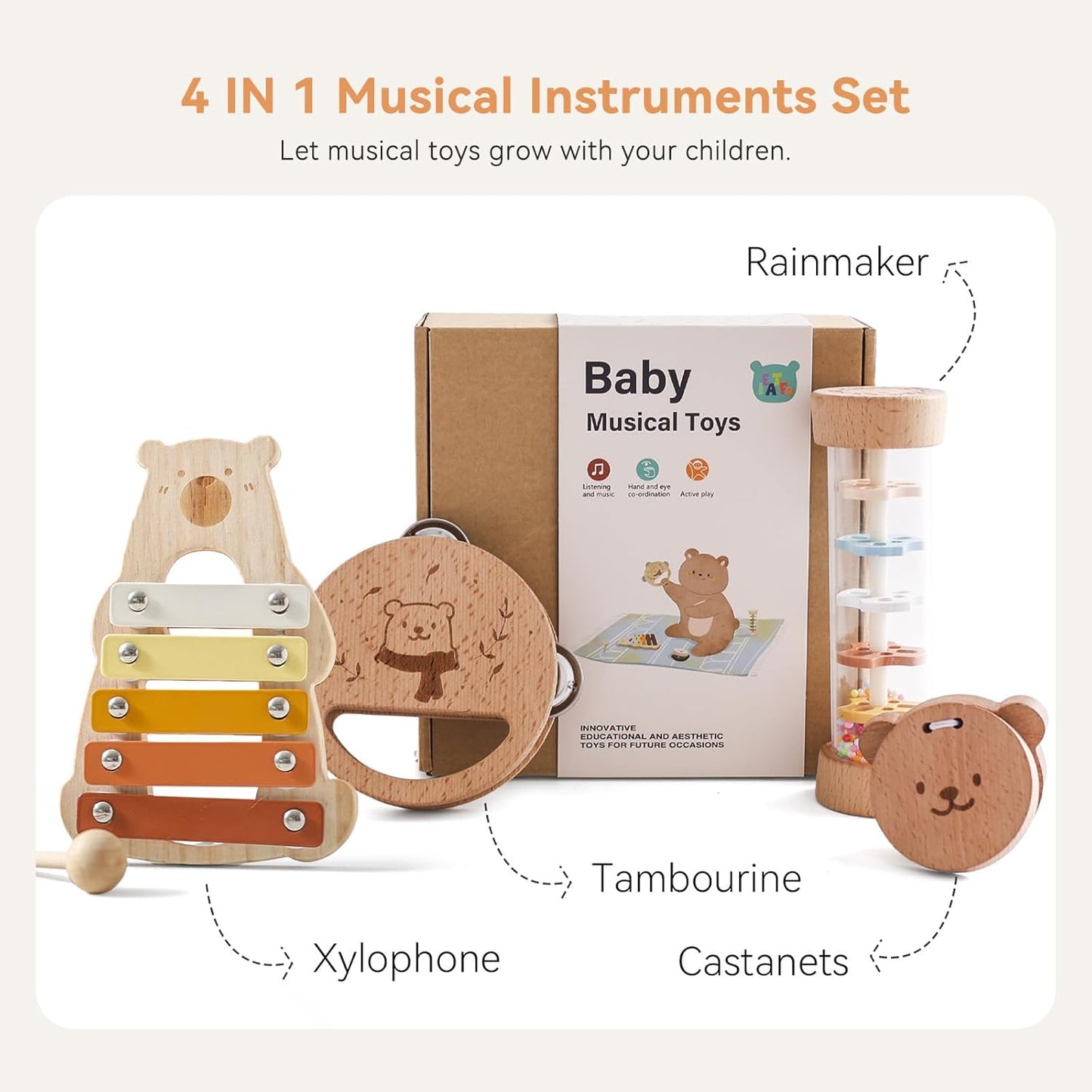 IEATFO Baby Musical Instruments - Your Child's First Musical Toys with Castanet Rainmaker Tambourine Xylophone - Baby Friendly Design Wooden Instruments Set Grow with Your Boys and Girls