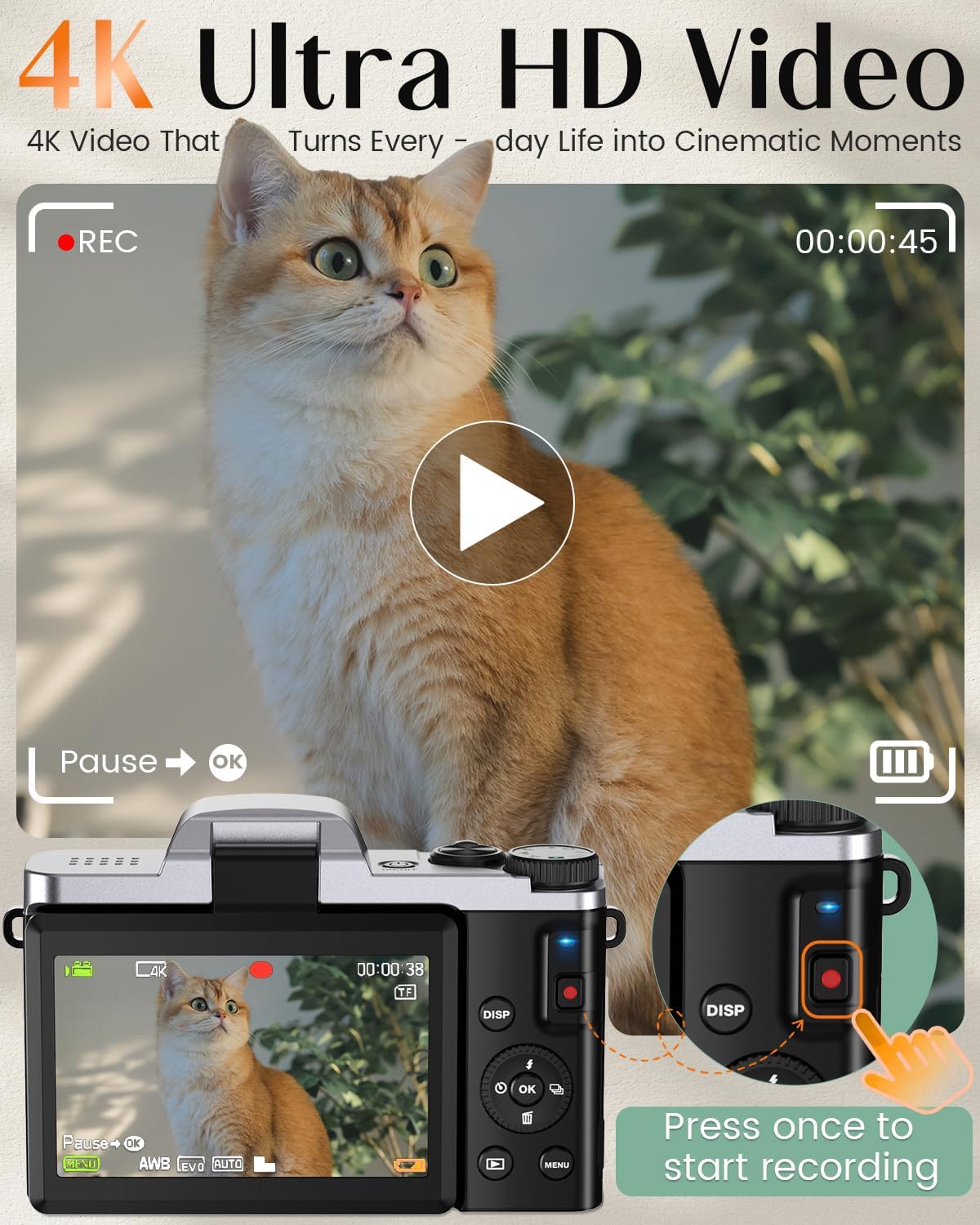 4K Digital Camera for Photography with WiFi,64MP Autofocus Vlogging Camera for YouTube,3'' 180° Flip Screen Compact Travel Camera for Teens with 32GB SD Card,16X Zoom,Anti-Shake,2 Batteries(Charcoal)