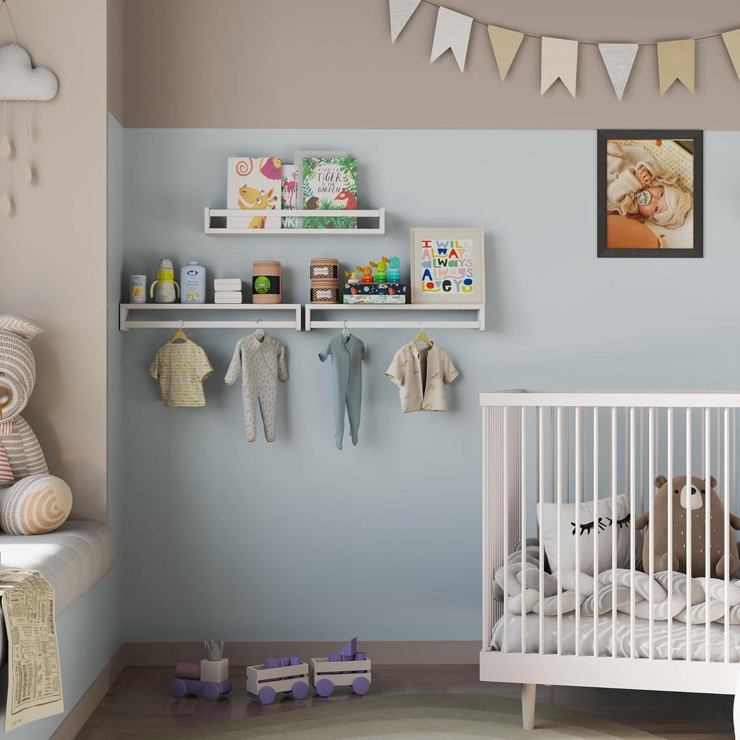 Heimlove Nursery Floating Shelves, White Nursery Book Shelves for Wall, 24 inch Wall Bookshelf for Kids Solid Wood Wall Mounted Shelves for Books,Toys and Decor Storage, Set of 3