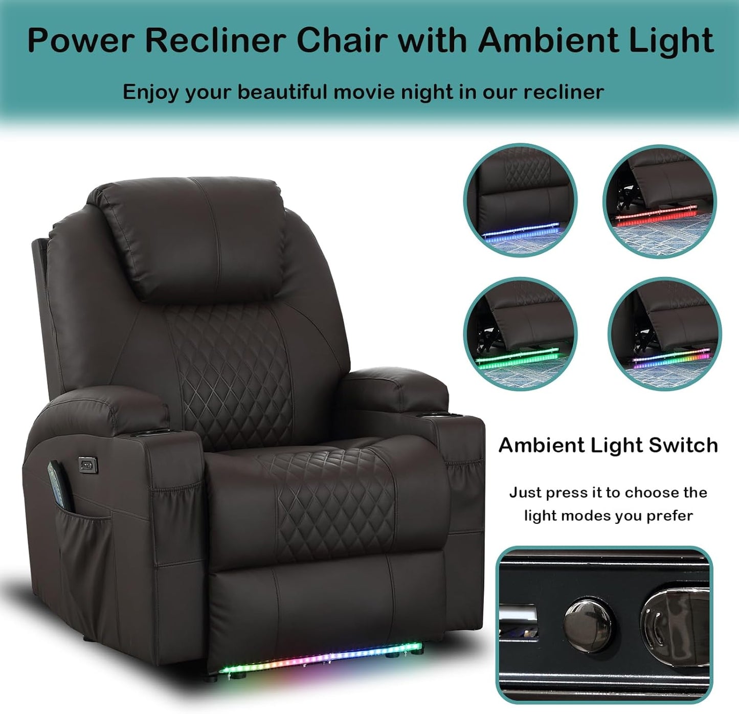 Power Recliner Chair with Heat and Massage for Adults - Home Theater Seating with LED Lights,Cup Holders,Side Pocket,USB Port - Recliner Sofa for Living Room(Brown, Set of 2)