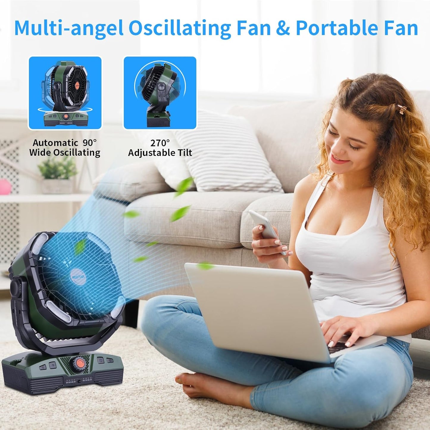 Camping Fan 20000mAh Rechargeable Battery Operated fan Outdoor Tent Fan with Light & Hook, knob Speeds, Personal USB Desk Fan for Camping, Power Outage Jobsite Green X68