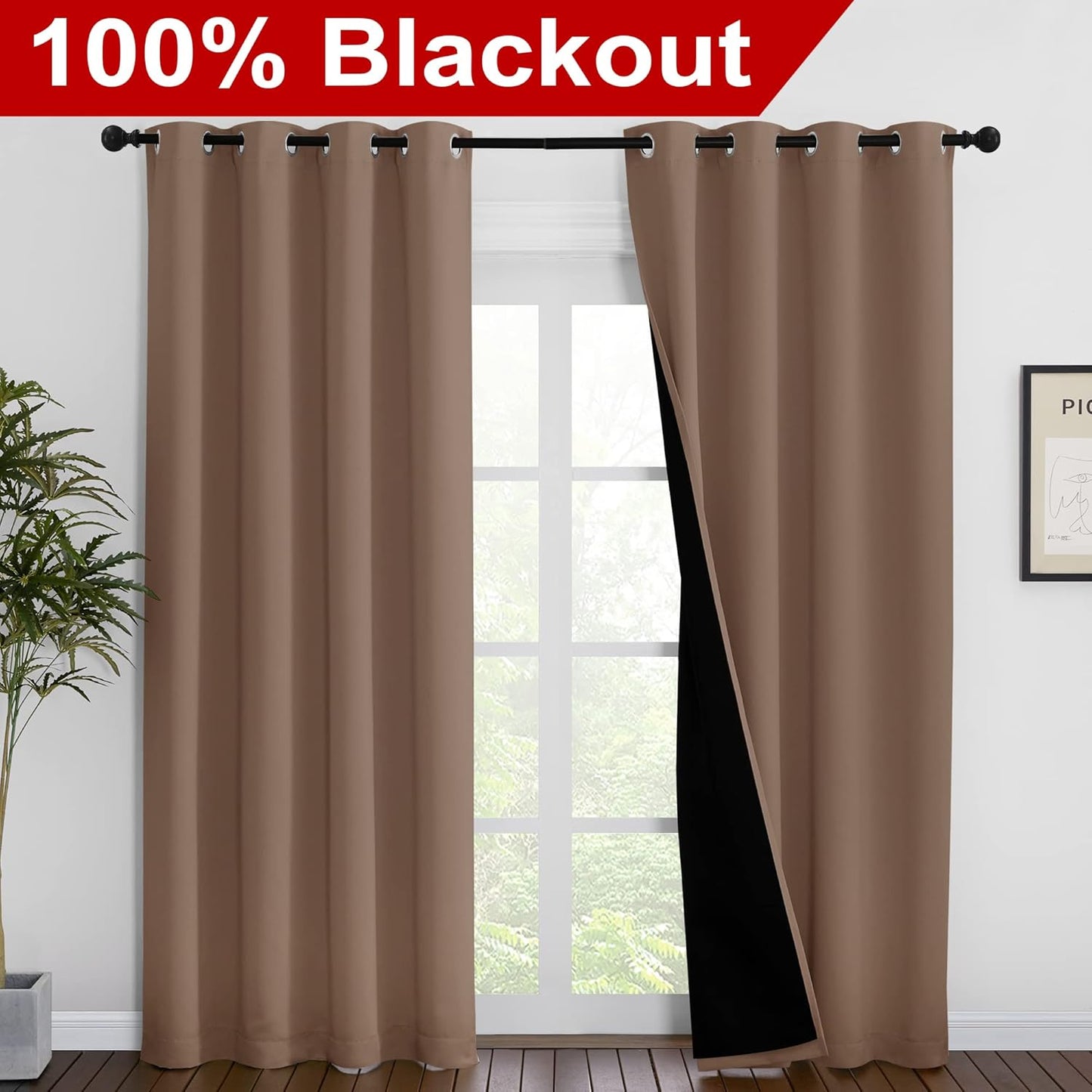 NICETOWN Warm Curtains for Winter, 100% Blackout Curtains Thermal, Noise Reduction and Privacy Curtains for Patio Door, Black Lined Blackout Drapes with Grommet Top, Cappuccino, 1 Pair, W55 x L86