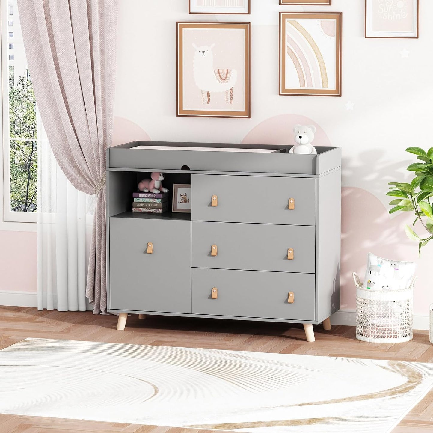 Baby Dresser Changing Table with Drawers,Shelf,Hidden Laundry Basket Storage,2 in 1 Nursery Dresser Chest for Infants, Baby Diaper Changing Station for Daycare,Bedroom,Grey
