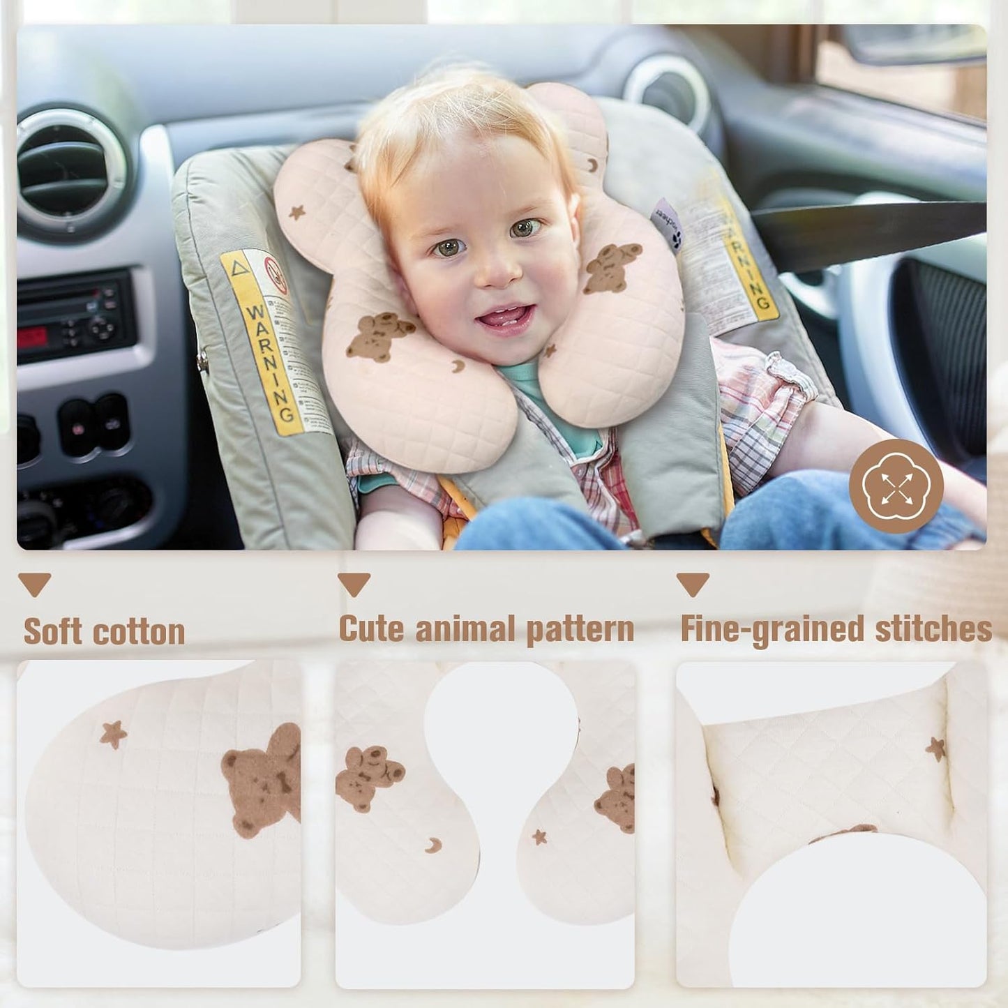 vocheer Baby Neck Pillow(Upgraded), Cotton, Baby Support Pillow, Car Seat Pillows for Newborn, Carseat Head and Body Support, Infant Travel Pillows for Prams, Pushchair, Stroller, Bouncer, Bears