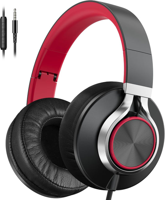 AILIHEN Wired Headphones with Microphone, Over-Ear Foldable Corded Head Phones with Volume Control 3.5mm Jack for Teens Adult Smartphones Chromebook (Red)